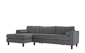 Divano Roma Furniture Mid-Century Modern Tufted Velvet Sectional Sofa, L-Shape Couch Extra Wide Chaise Lounge (Grey)