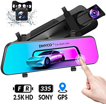 DMYCO 10'' 2.5K Mirror Dash Cam Backup Camera for Cars [GPS Version],Front and Rear View Dual Lens,Super Night Vision,Anti Glare IPS Touch Screen