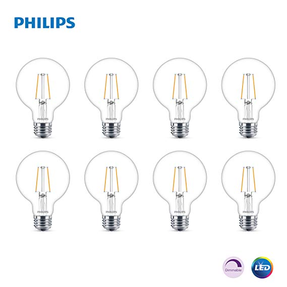 Philips LED Dimmable G25 Light Bulb, 180-Lumen, 2700-Kelvin, 2.7-Watt (25-Watt Equivalent), E26 Base, Clear, Soft White, 8-Pack