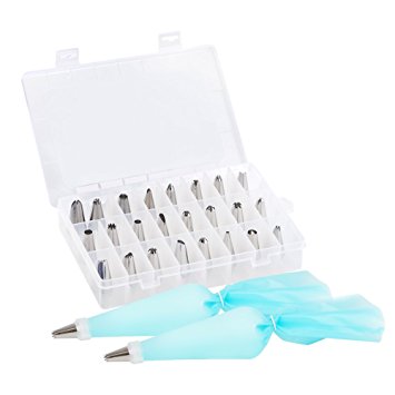 Kootek 28 Pieces Cake Piping Icing Nozzles Tips Kit Set with 2 Reusable Piping Bags, 2 Coupler and Storage Case for Cakes Cupcakes Decorating Cookies Pastry Making Tools