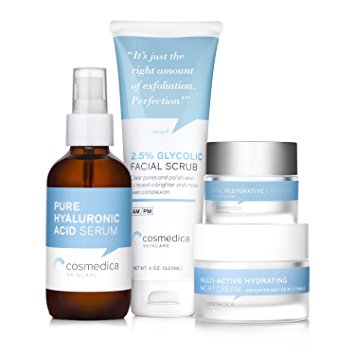 Complete Skincare Kit- Hyaluronic Acid Serum (4 Ounce), Glycolic Facial Scrub (4 Ounce), Multi Active Hydrating Night Cream and Total Restorative Eye Cream