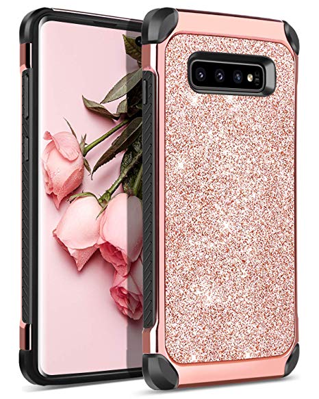 BENTOBEN Case for Samsung Galaxy S10 Plus, 2 in 1 Luxury Glitter Shockproof Sparkle Bling Girl Women Shiny Faux Leather Hard PC Soft Bumper Protective Phone Cover for Galaxy S10  Plus Rose Gold
