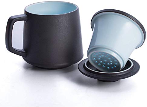 SULIVES Ceramic Tea Mug with Infuser and Lid, 14 OZ Tea Cups Black