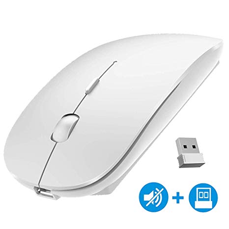 CALOCAA Rechargeable Wireless Mouse 2.4G Portable Optical Mute Ultra-Thin Wireless Computer Mouse with USB Receiver and Type C Adapter Level 3 Adjustable DPI for Laptop, Computer, MacBook, PC - White