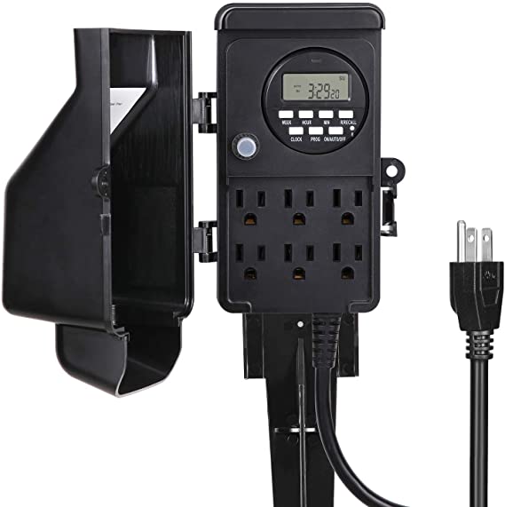 DEWENWILS Outdoor Digital Power Strip Timer, Outdoor Multi Socket Timer, Waterproof 6 Outlet Garden Power Stake, 6ft Cord, for Garden Lights, Christmas Decorations, 1800W/15A Heavy Duty