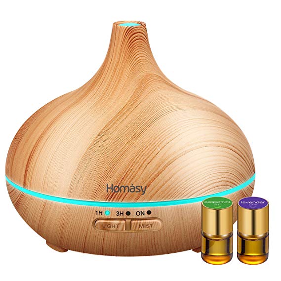 Homasy 150ml Mini Aroma Diffuser and Bloom Essential Oil Gift Set, 100% Pure Therapeutic Grade, Lavender, Peppermint (2ml/bottle), Ultrasonic Wood Grain Cool Mist Humidifier for Office Home Room Study