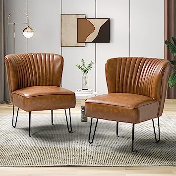 HULALA HOME Faux Leather Accent Chairs Set of 2 with Metal Base, Mid Century Modern Living Room Chairs, Comfy Upholstered Armless Side Chairs for Bedroom, Camel