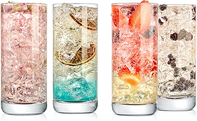 NutriChef 14.2oz Highball Drinking Glasses - Set of 4 Heavy Base Tall Tumbler Clear Glassware for Water, Wine, Beer, Liquor, Gin, Cocktail, Whiskey, Juice, Iced Coffee, Mixed Drinks, Dishwasher Safe