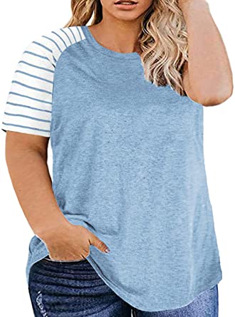 DOLNINE Women's Plus Size Tops Striped Raglan Tee Shirts Casual Tunics Blouses