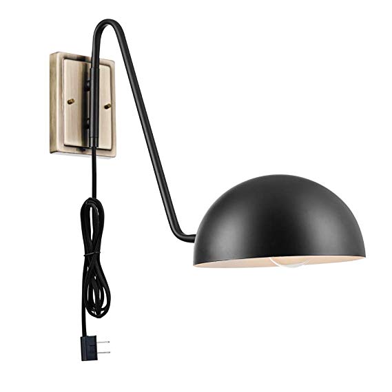 Novogratz x Globe Addison 1-Light Plug-in Wall Sconce, Matte Black, Antique Brass Backplate, Black Cloth Cord 51373