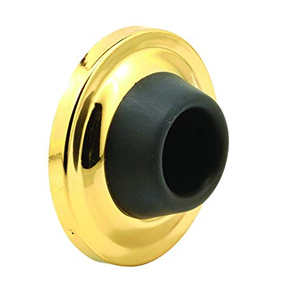 Prime-Line J 4542 Wall Stop – Protects Walls from Door Knob Damage – 2-1/2” Outside Diameter Polished Brass Cover with 1-1/8” Black Round Rubber Bumper – Easy to Install