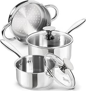 MICHELANGELO Stainless Steel Saucepans with Steamer 5Pcs, 18/10 Saucepan Set with Glass Lids, Sauce Pot Set with Triply Bottom Induction Compatible - 1QT & 2QT