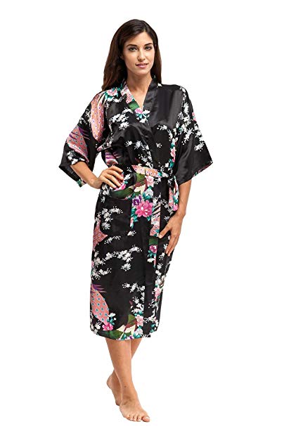 KimonoDeals Women's dept Satin Long Kimono Robe with Peacock and Blossom Design
