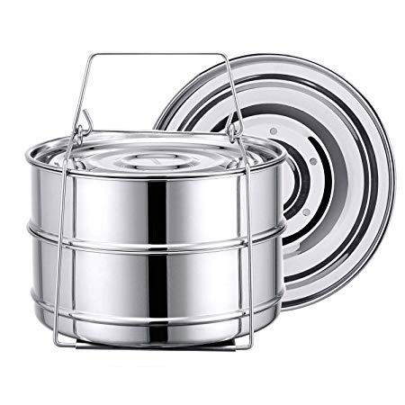 Stainless Steel Steamer Insert Pans with Sling, Tomods Stackable Instant Pot Accessories Fit 6&8 Quarrt Pressure Cooker and Instant Pot to Bake, Reheat, Lasagna Pans - Cook Recipes Include (two lids)