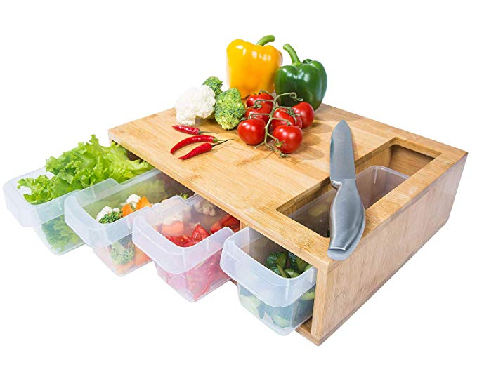 Bamboo Cutting Board with Trays - Kitchen Cutting Boards - Large Wooden Chopping Block with 4 Storage Containers for Easy Storage Salads, Vegetables, Fruits, and Meat