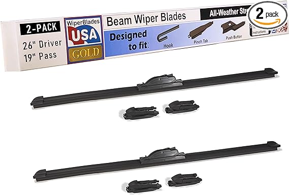 WiperBladesUSA Gold 26" & 19" (Set of 2) Beam Wiper Blades High Performance Automotive Replacement Windshield Wipers For My Car, Easy DIY Install & Multiple Arm Types