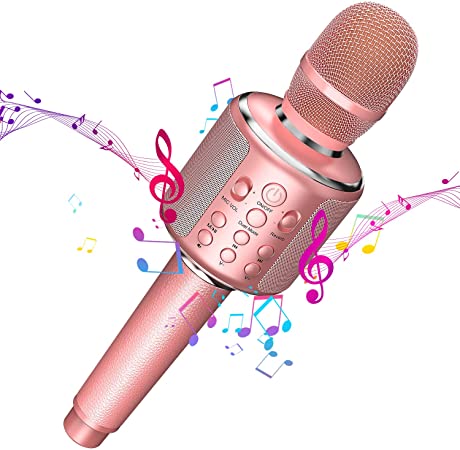 Wireless Bluetooth Karaoke Microphone,3-In-1 Leather Portable Handheld Singing Machine Speaker Mic for Adult Teens Girls Kids Party Birthday Gift Toys for iPhone/PC,Support Duet(Pink)
