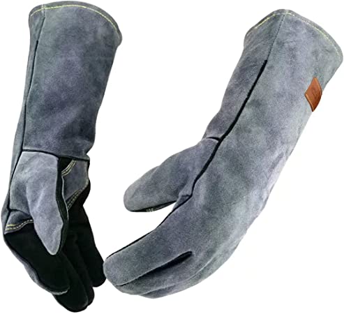 WZQH 14 Inches,932℉,Leather Forge Welding Gloves small, Heat/Fire Resistant,Mitts for BBQ,Oven,Grill,Fireplace,Tig,Mig,Baking,Furnace,Stove,Pot Holder,Animal Handling Glove.Black-gray