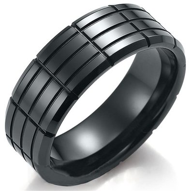 King Will Men's 8mm Black Tungsten Carbide Rings Polish Beveled Edge Multi Groove Wedding Band