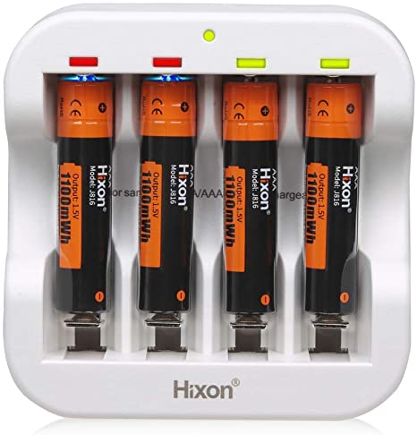AAA Rechargeable Batteries,Hixon 1100mWh Capacity Lithium Batteries,1.5V Constant Output,4pcs Rechargeable AAA Batteries & 2H Fast Charger, CE/ROHS/PSE Certified.