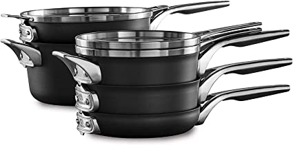 Calphalon Premier Space Saving Hard Anodized Versatile 8 Piece Kitchen Pot and Pan Cookware Set with Flat Lid Coverings, Black