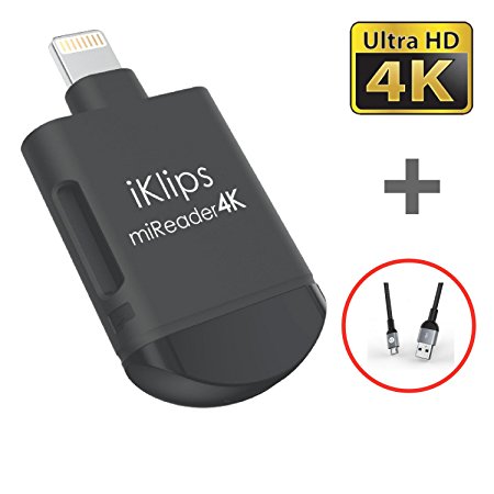 iKlips miReader Lightning / Micro USB 3 in 1 Portable MicroSD 4K Card Reader External Memory Storage Charger - Store, View, Edit, Record 4K Video From GoPro, Drones, Camera - Made for iPhone iPad iPod