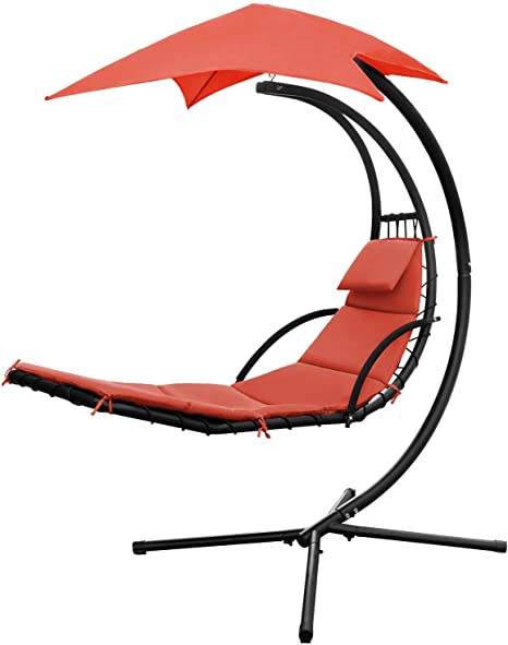 Greesum Hanging Curved Lounge Chaise Chair, Hammock Swing Chaise Chair, Floating Bed Furniture with Pillows, Canopy, Orange