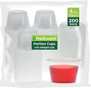 Freshware 200 Clear Polyethylene Terephthalate (PET) Portion Cups | 4 Ounce | with Lids