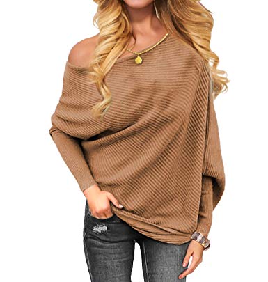 VOIANLIMO Women's Off Shoulder Knit Jumper Long Sleeve Pullover Baggy Solid Sweater