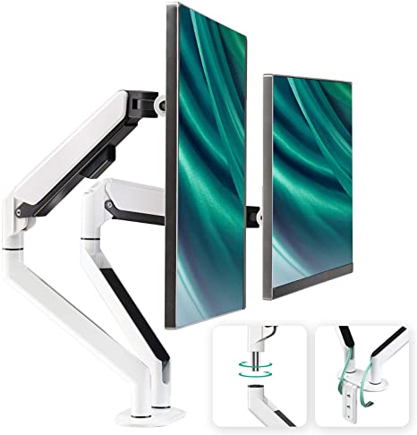 EleTab Dual Arm Monitor Stand - Height Adjustable Desk Monitor Mount Fits for Computer Display 17 to 32 inches - Each Arm Holds up to 19.8 lbs, White