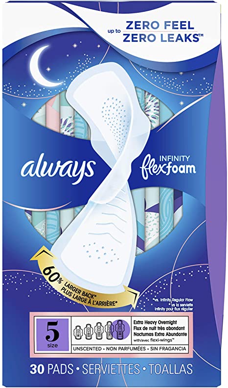 Always Infinity FlexFoam Pads for Women, Size 5, Extra Heavy Overnight Absorbency, Unscented, 30 Count,packaging may vary