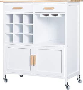 HOMCOM Rolling Kitchen Trolley Serving Cart Bamboo Top Kitchen Island with Drawers and Wine Rack Storage Cabinet (White)