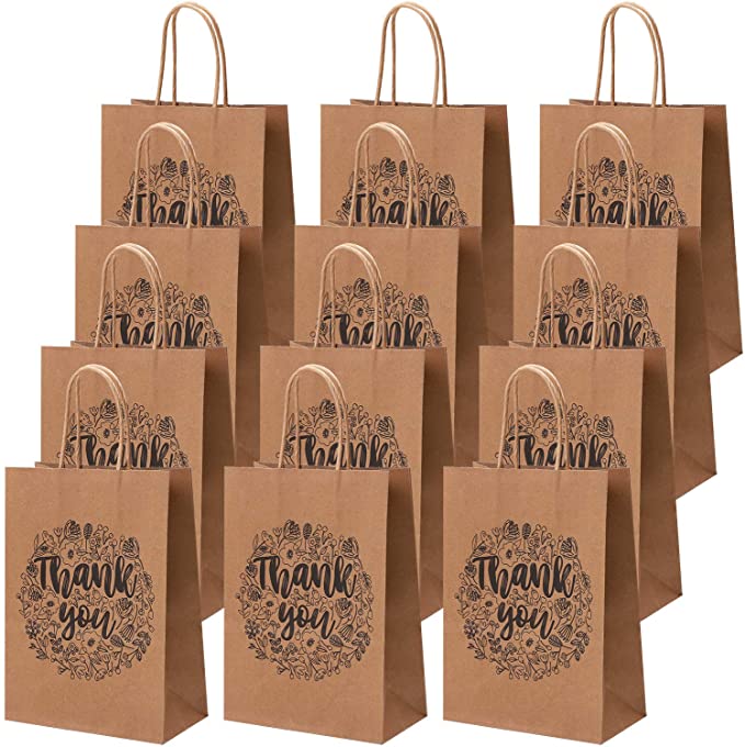 Cooraby 20 Pack Thank You Party Bags Kraft Paper Bags Brown Paper Bags with Handle or Shopping Wedding Goodies Birthday Party Favor