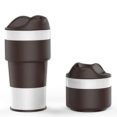 Jerrybox Foldable Mug with Screw Top Lid – Coffee to go Mug, Collapsible Silicone Coffee Cup 0.35l, Space-Saving and Eco-Friendly, Portable and Practical Travel Cup for Biking, Camping, Picnic and Daily Life, Brown, 400 ml