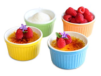 Uno Casa Creme Brulee Ramekins 5 oz Dishes Set of 4 Baking Cups - for Souffle, Custard, Pudding, Desserts in Beautiful Bright Ceramic Colors