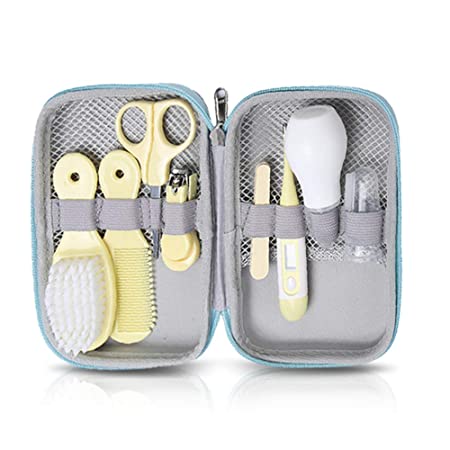 Baby Grooming Kit, 8 in 1 Baby Hair Brush/Nail Clipper/Nose Cleaner/Finger Toothbrush/Nail Scissors/Manicure Kit for Baby Care Keep Healthy and Clean(Yellow)