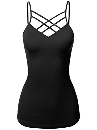 Made by Emma Women's Solid Sleeveless Spaghetti Strap Cross Strap Cage Front Tank Top