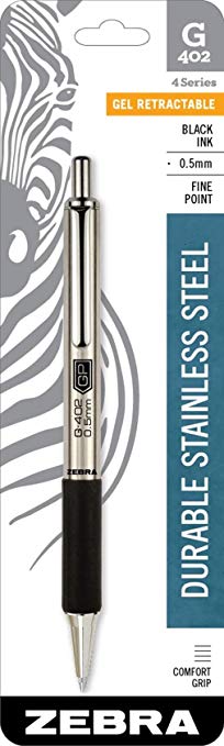 Zebra G-402 Stainless Steel Retractable Gel Pen, Fine Point, 0.5mm, Black Ink, 1-Count