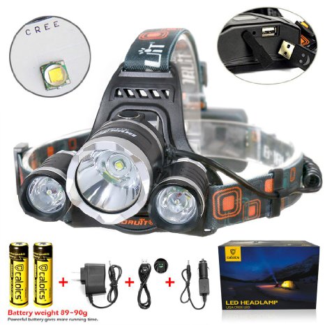Caloics Headlamp 5800 Lumens with 3Cree XML L2 LED BORUIT Super Bright Flashlight for Hunting Camping Night Fishing Running Reading Kids Perfect Hands-free Rechargeable and Waterproof Work Light