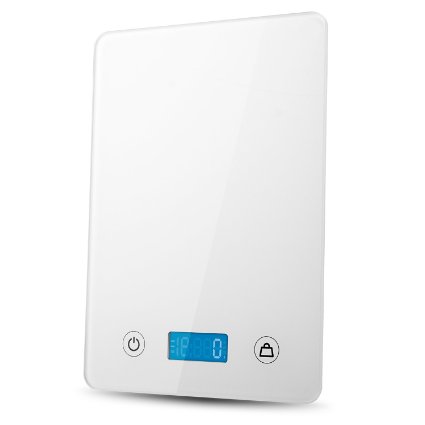 Elec3 Digital Kitchen Food Scale 5kg/11lb Tempered Glass Platform Touch Button Clear White, 3A Batteries Included