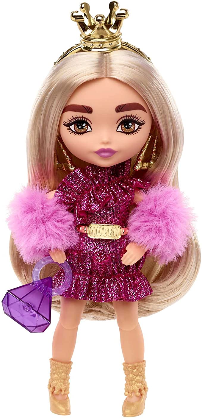 Barbie Extra Minis Doll #8 (5.5 in) Wearing Shimmery Dress & Furry Shrug, with Doll Stand & Accessories, Toy for Kids Ages 3 Years Old & Up