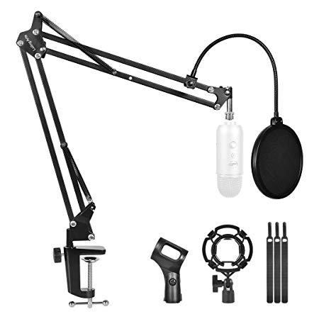 Adjustable Desktop Microphone Stand with Mic Boom Scissor Arm Stands Condenser Microphones Holder Windscreen Mic Pop Filter Shock Mount for Radio Broadcast Studio,Stages and Recording,TV Stations