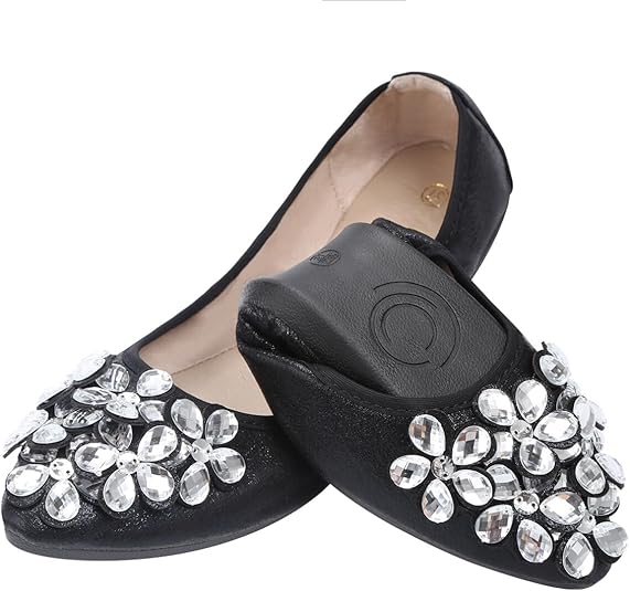 KUNWFNIX Women Ballet Flats Rhinestone Wedding Ballerina Shoes Foldable Sparkly Comfort Slip on Flat Shoes