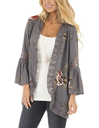 Yonala Women's Boho Lace Patchwork Floral Print Casual Coat Tops Kimono Cardigans