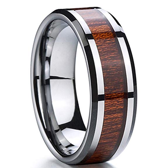 Fashion Month Men 8mm Silver Tungsten Carbide Wedding Engagement Ring Polished Beveled Edge Wood Inlay Band Comfort Fit