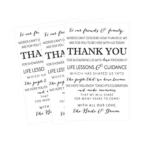 50 Wedding Thank You Place Cards, Rehearsal Dinner Thank You Table Sign, Menu Place Setting Card Notes, Placement Thank You Note Favors For Family & Guests