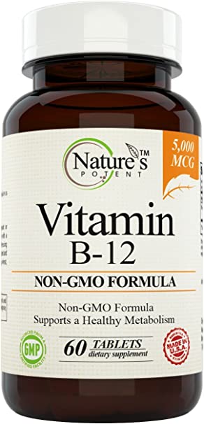 Vitamin B-12, 5000mcg, Non-GMO Supplement with Methylcobalamin (Methyl B12) - Best Support for Boosting Metabolism & Increase Energy Levels – Offered by Nature’s Potent. (60 Tablets )