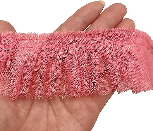 PEPPERLONELY 1 Yard 2 Inch Wide Mesh Ruffle Lace Trim Tutu Dress Fabric Tulle Ribbon for Wedding Decoration Gift Wrapping Tutu Skirts - Pink