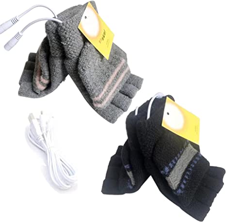 Women's & Men's 2 Pack USB Heated Gloves Mitten Winter Hands Warm Laptop Gloves, Knitting Hands Full & Half Heated Fingerless Heating Warmer Washable Design (Black Gray)