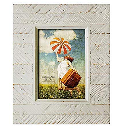 Eosglac Rustic Wooden Picture Frame, 5 x 7 Distressed Finish Wood Plank Design, Handmade (5x7, White)